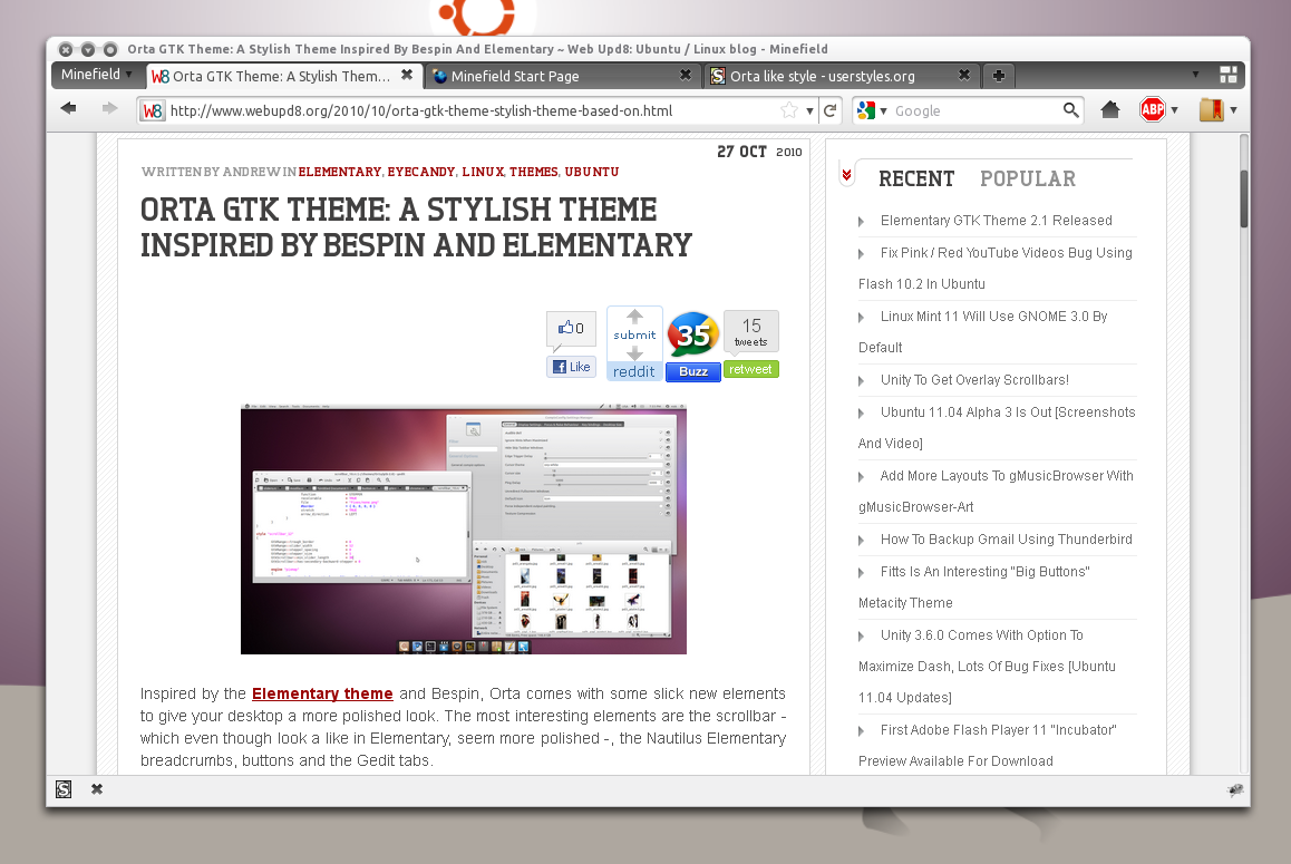 Orta Theme (User Style) For Firefox 4 ~ Web Upd8: Ubuntu / Linux blog